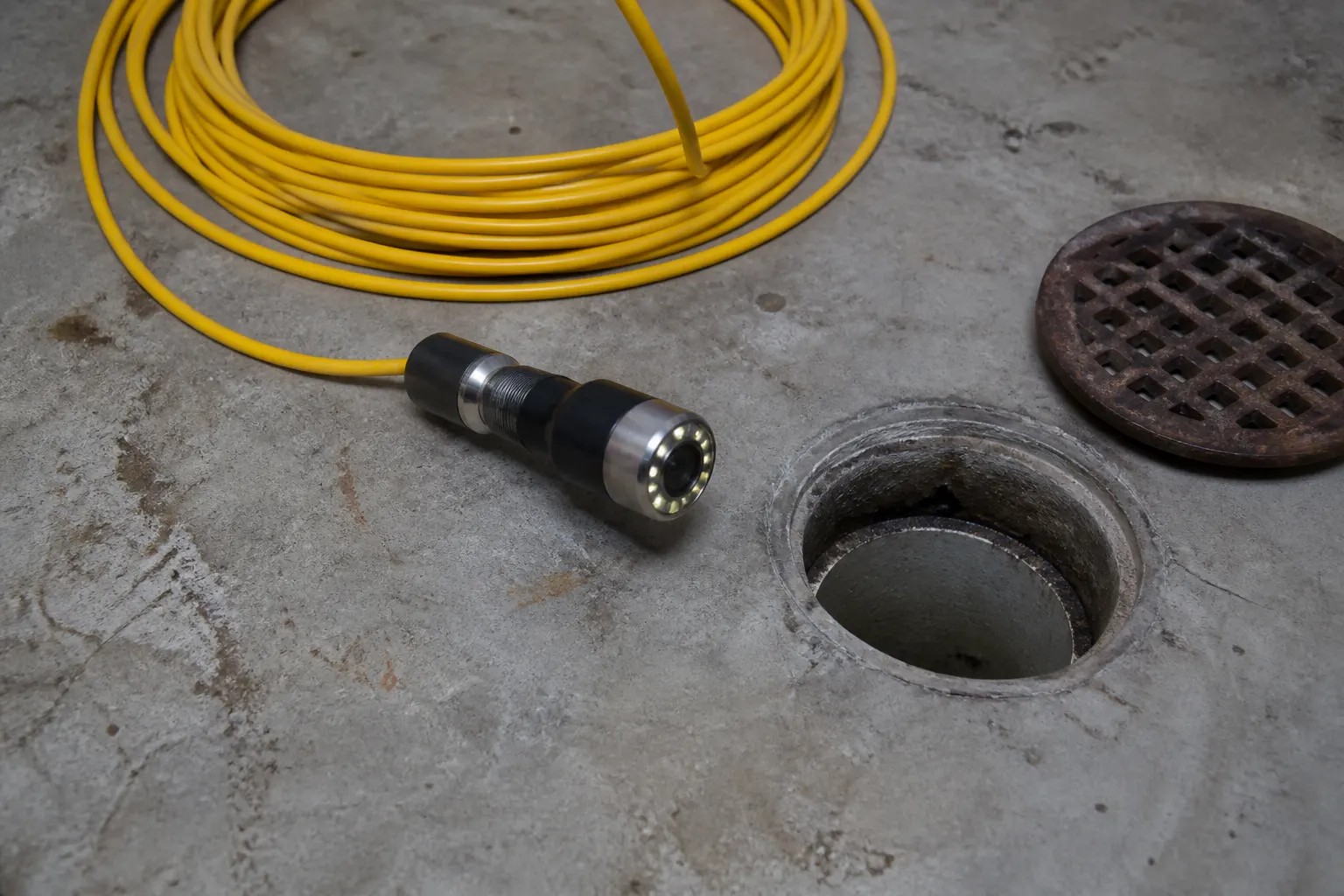 Sewer camera head and yellow cable at a floor cleanout