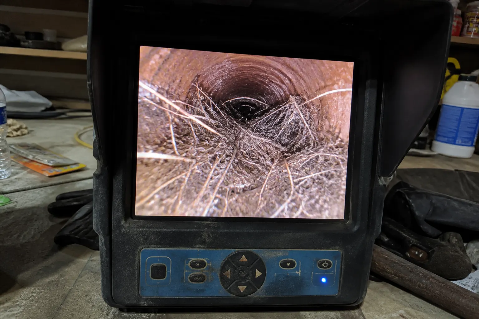Sewer camera view of tree roots inside a clay Tampa drain line