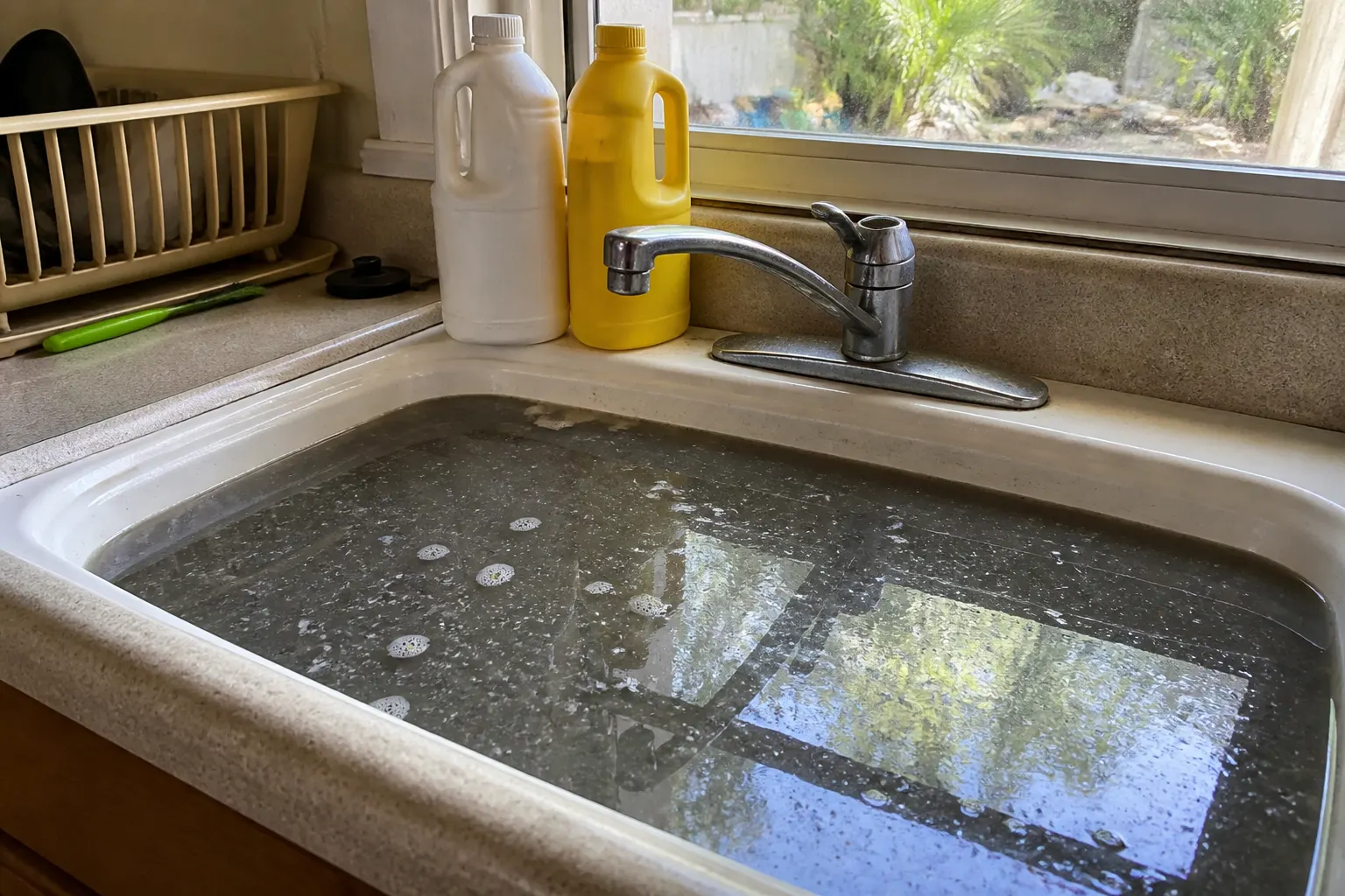 Standing greasy sink water next to generic unlabeled drain chemicals