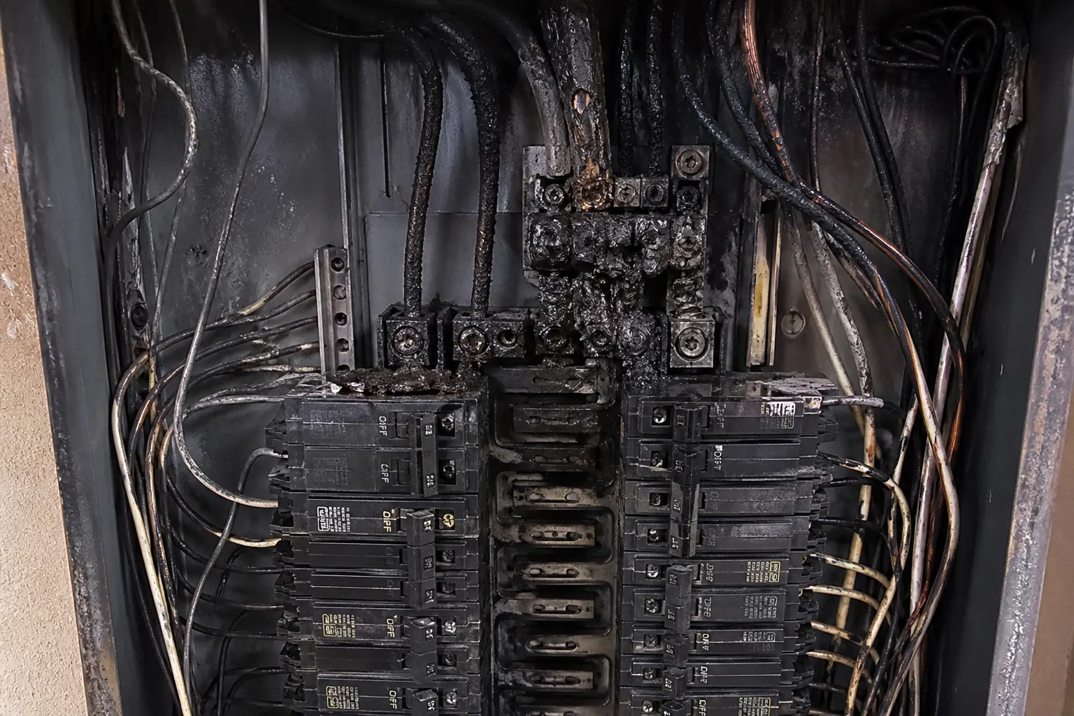 Scorched breaker panel interior, a Tampa emergency electrical call