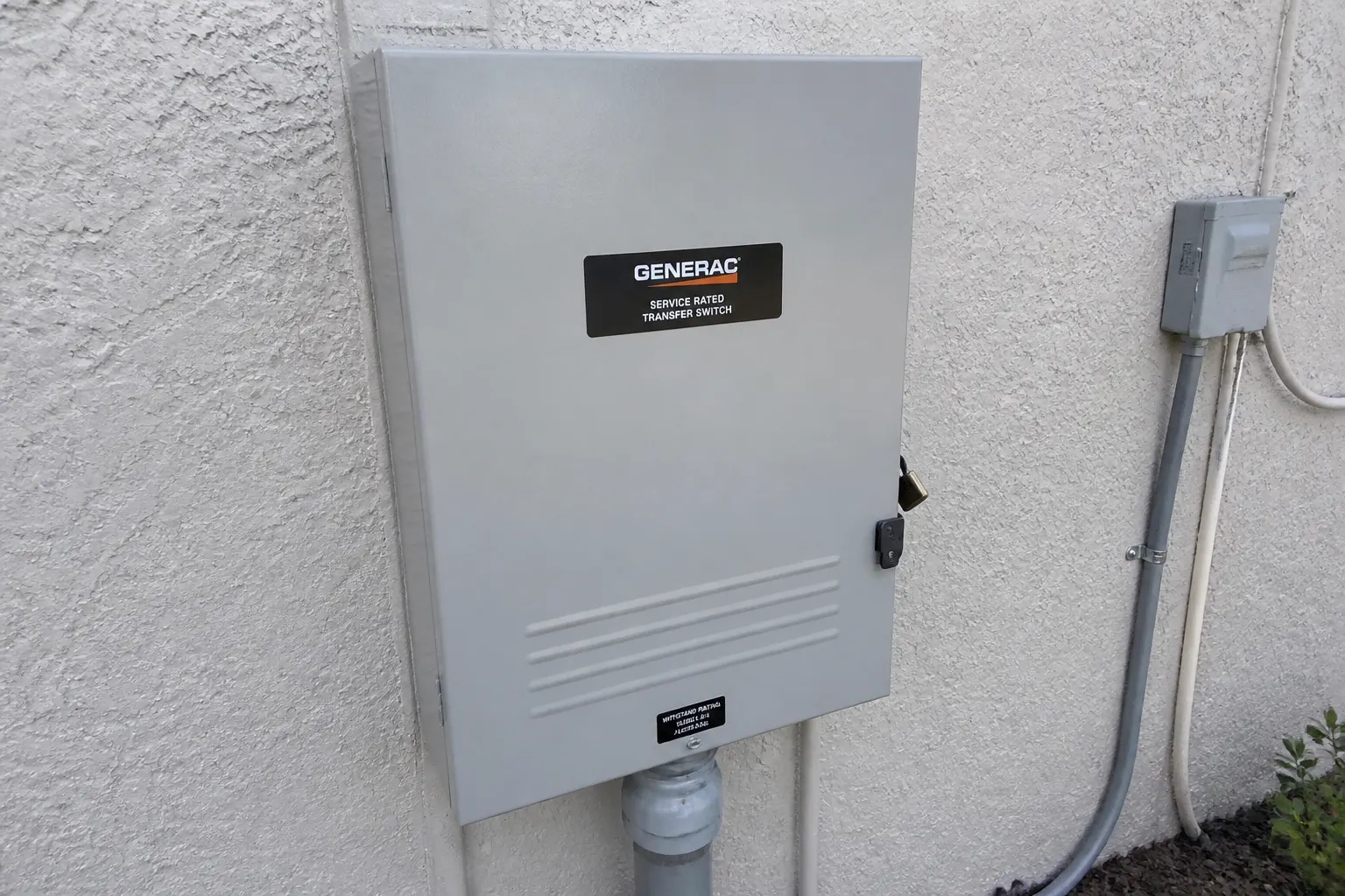 Whole-house generator transfer switch on a Tampa Bay home exterior