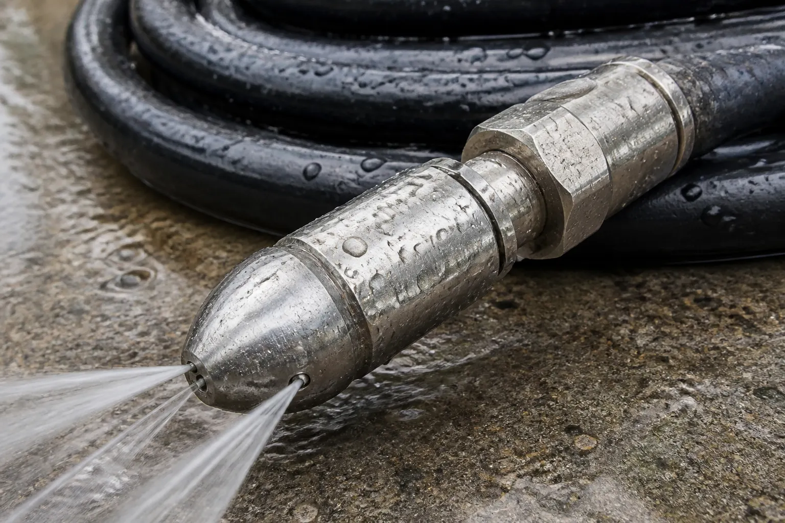 Hydro jetting nozzle and high-pressure hose on wet concrete