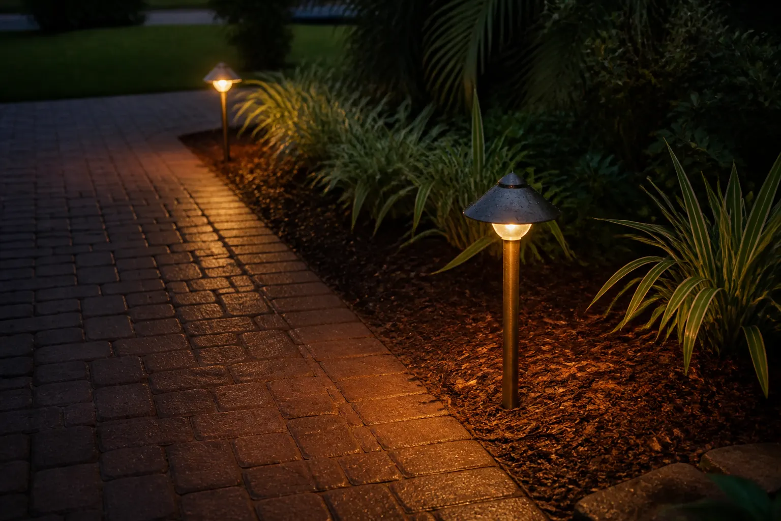 Wet-rated path lights along an empty brick walkway at dusk