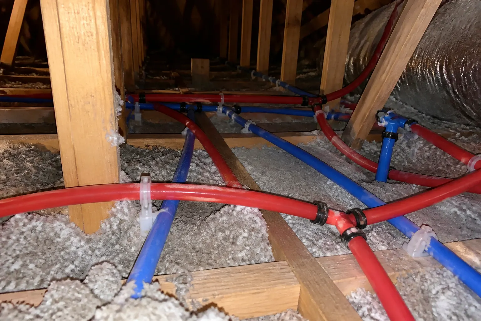 New PEX supply lines run through a Tampa attic during a whole-home repipe