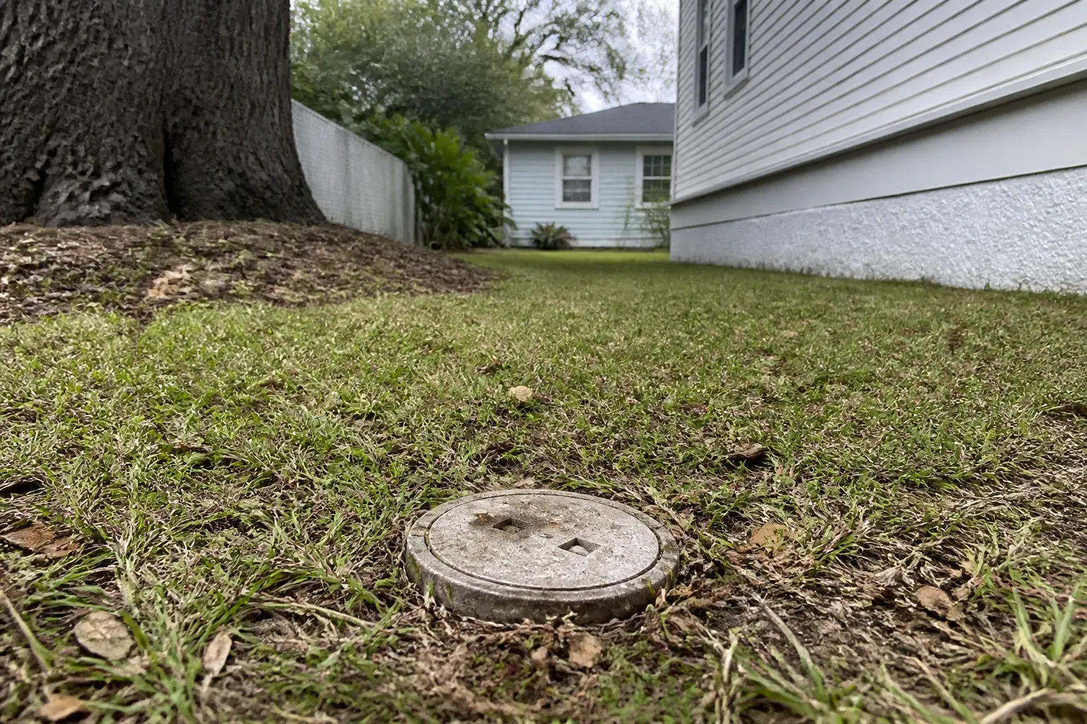 Sewer cleanout in the grass of a South Tampa bungalow yard